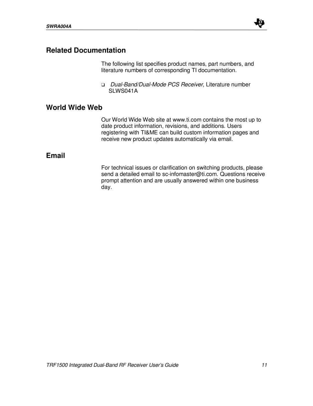 Texas Instruments TRF1500 manual Related Documentation, World Wide Web 