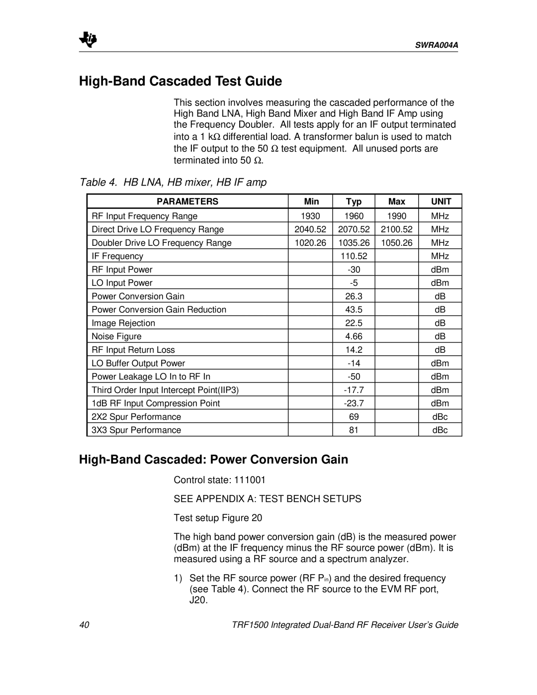 Texas Instruments TRF1500 manual High-BandCascaded Test Guide, High-BandCascaded Power Conversion Gain 