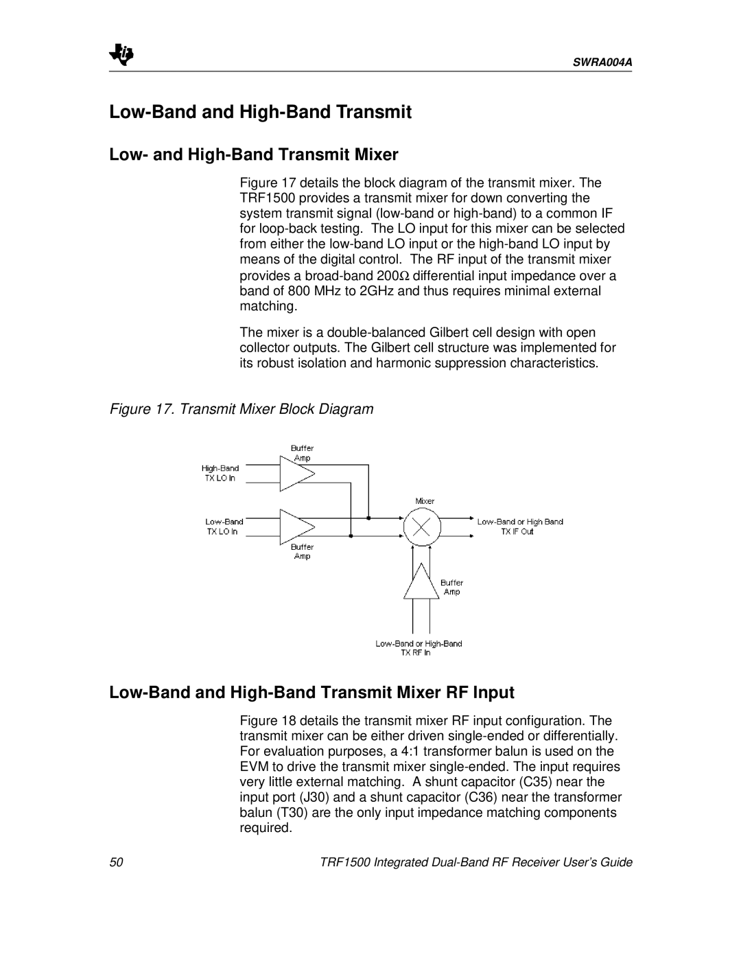 Texas Instruments TRF1500 manual Low-Bandand High-BandTransmit, Low- and High-BandTransmit Mixer 