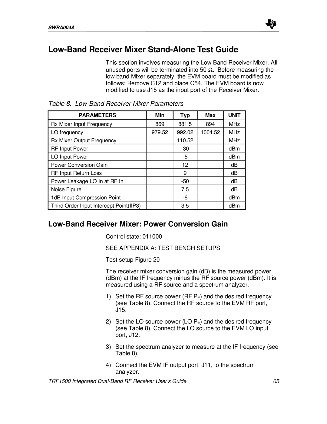 Texas Instruments TRF1500 manual Low-BandReceiver Mixer Stand-AloneTest Guide, Low-BandReceiver Mixer Power Conversion Gain 