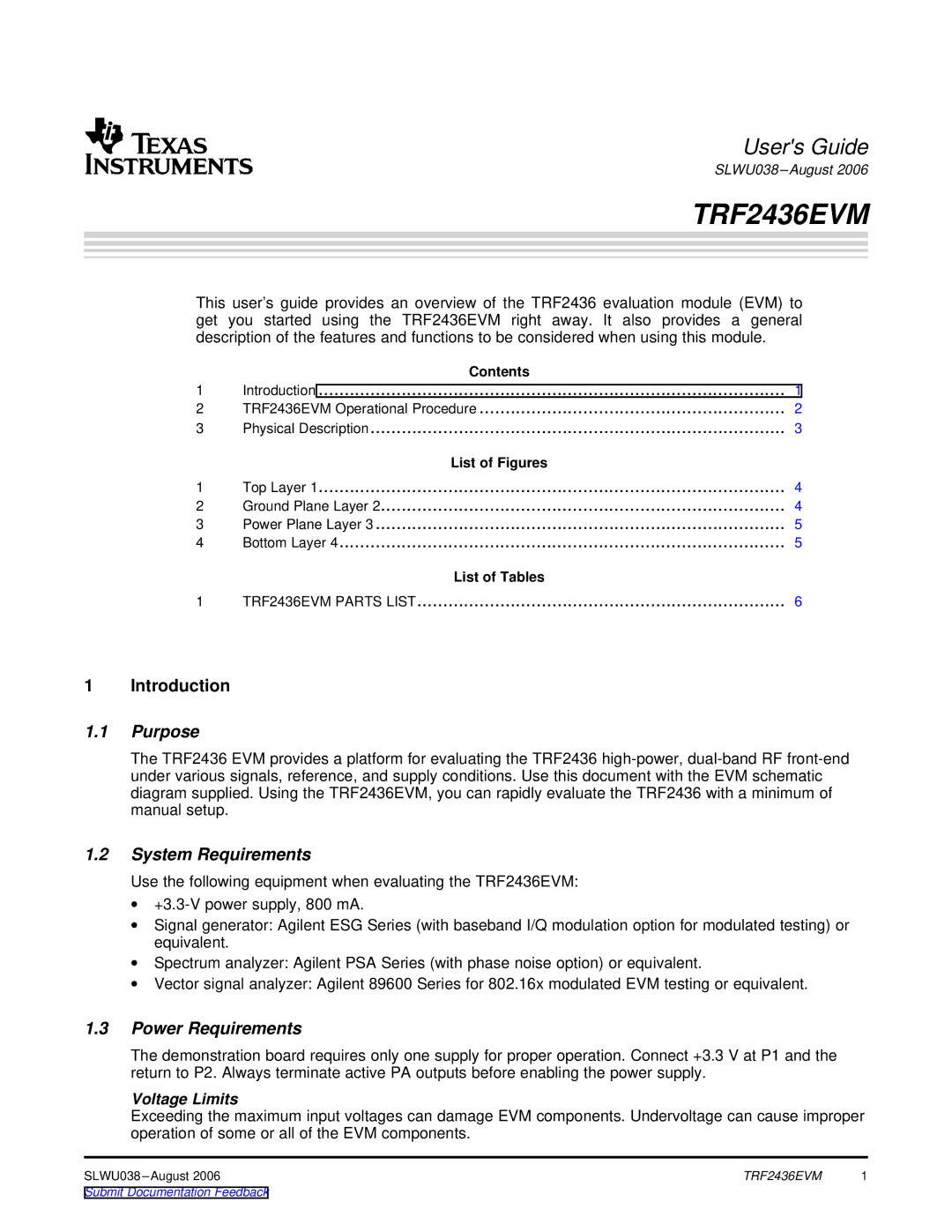 Texas Instruments TRF2436EVM manual Purpose, System Requirements, Power Requirements 