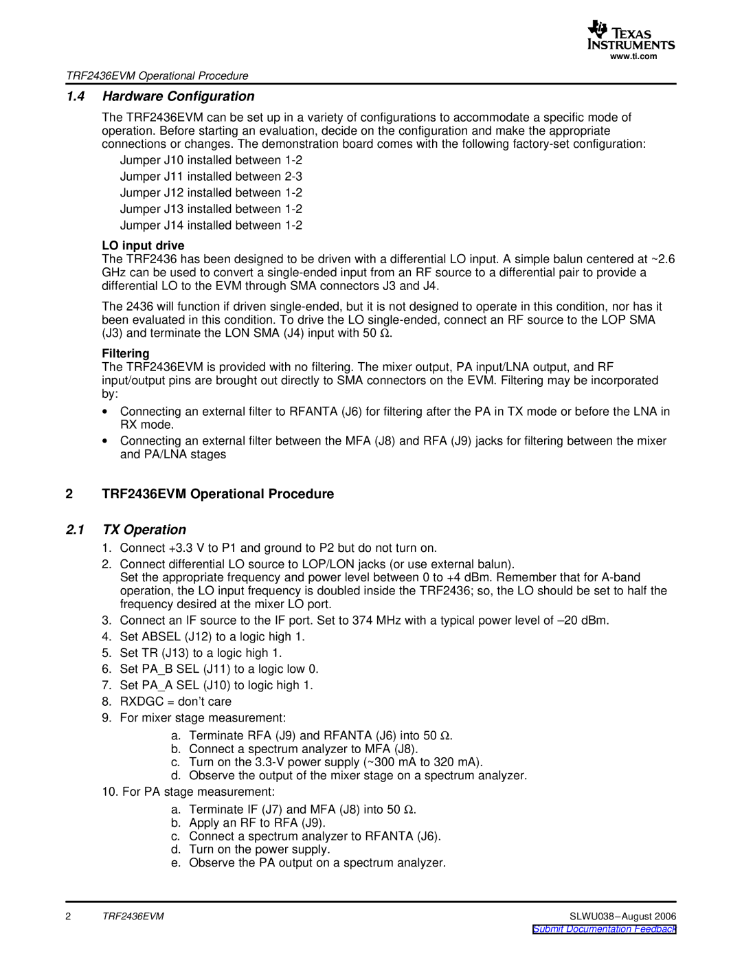 Texas Instruments TRF2436EVM manual Hardware Configuration, TX Operation, LO input drive, Filtering 