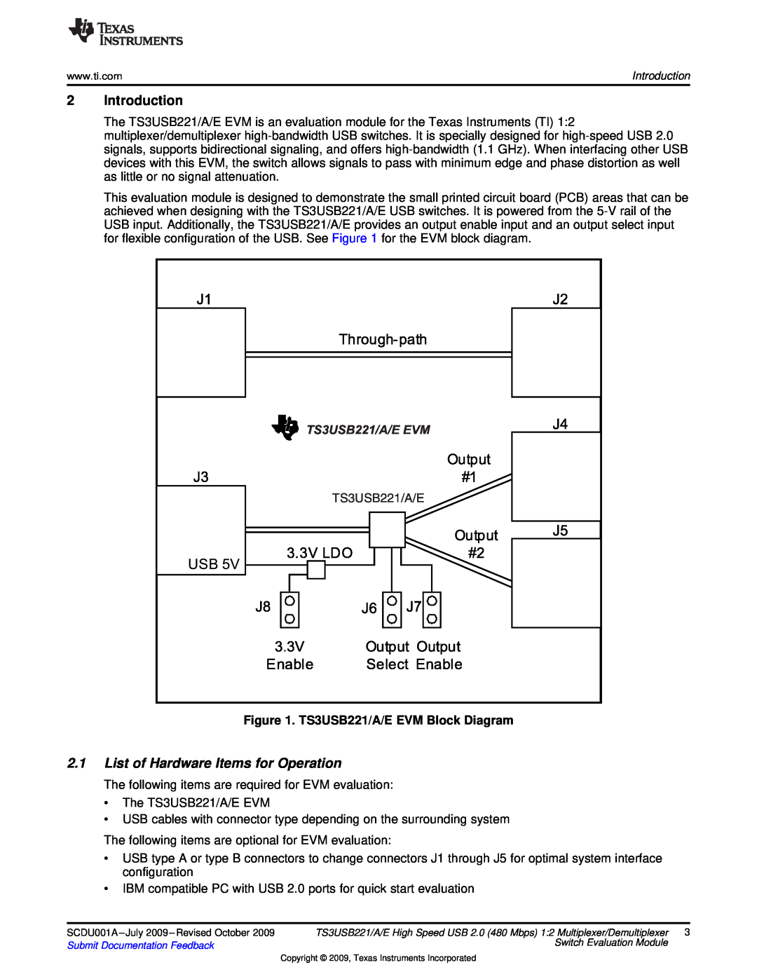 Texas Instruments quick start Introduction, List of Hardware Items for Operation, TS3USB221/A/E EVM Block Diagram 