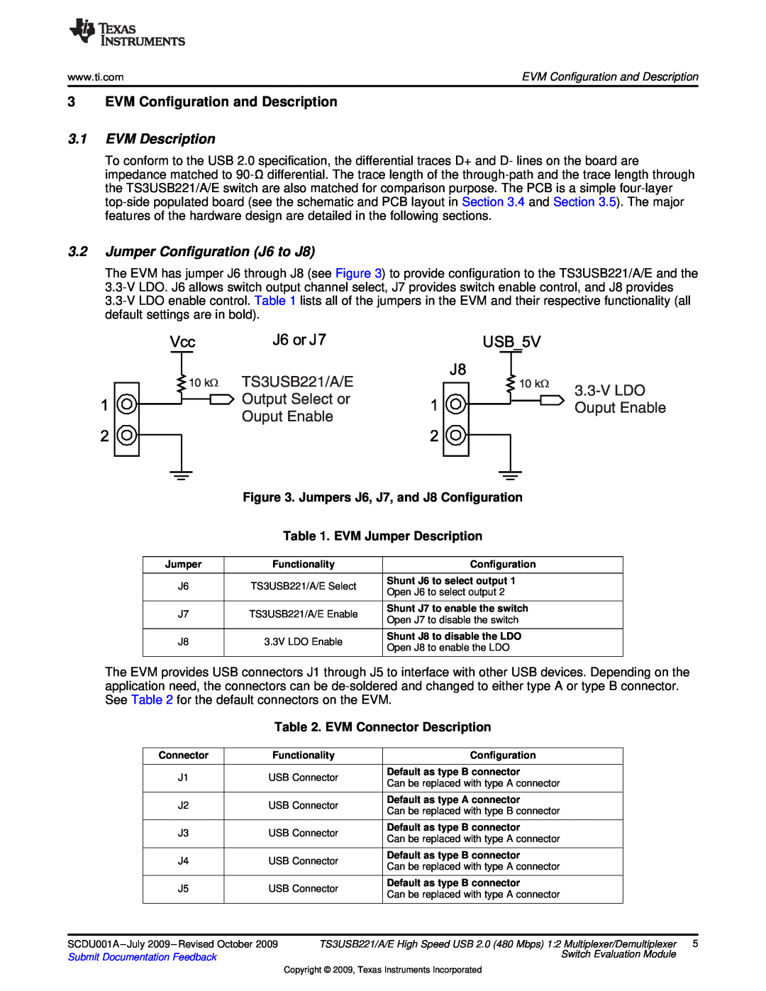 Texas Instruments TS3USB221 EVM Configuration and Description, EVM Description, Jumper Configuration J6 to J8, V Ldo 