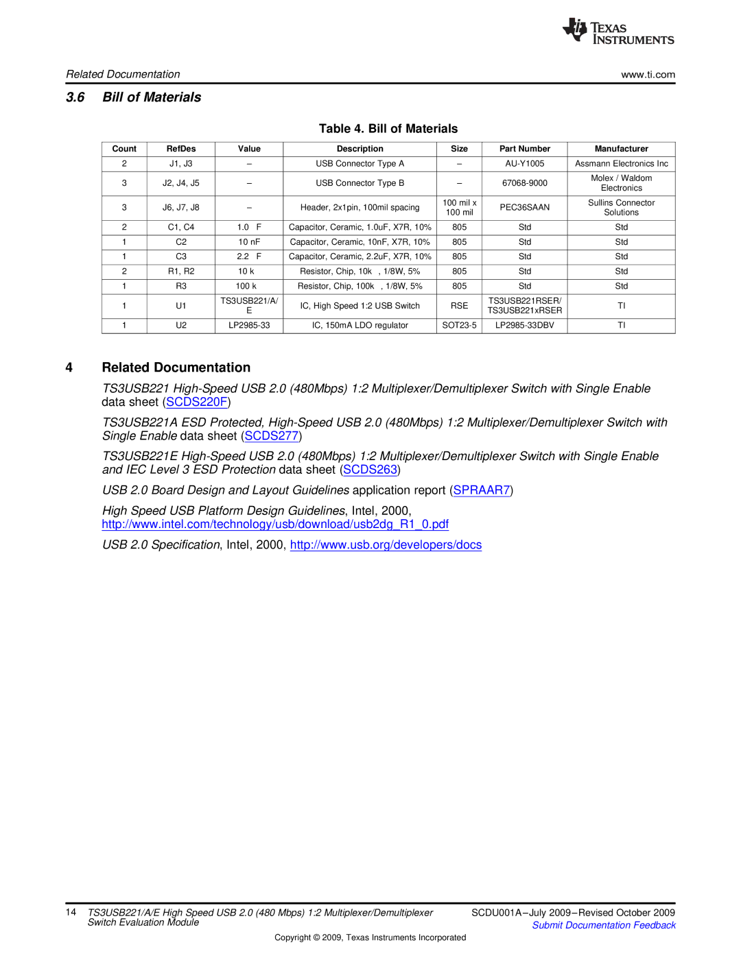 Texas Instruments TS3USB221 quick start Bill of Materials 