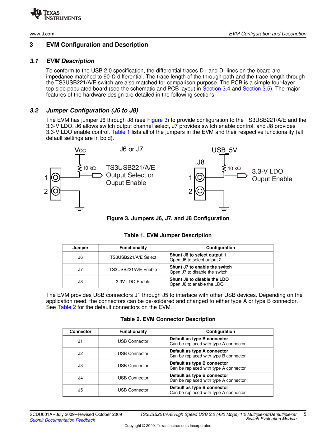 Texas Instruments TS3USB221 quick start EVM Description, Jumper Configuration J6 to J8, EVM Connector Description 