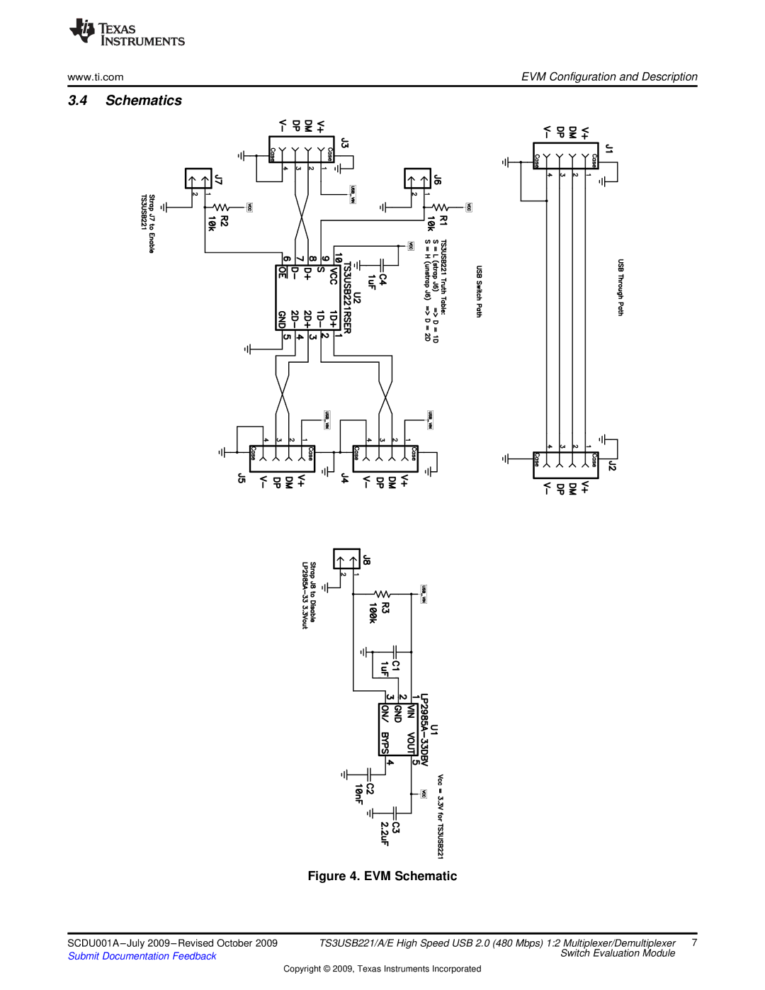 Texas Instruments TS3USB221 quick start Schematics, EVM Schematic 