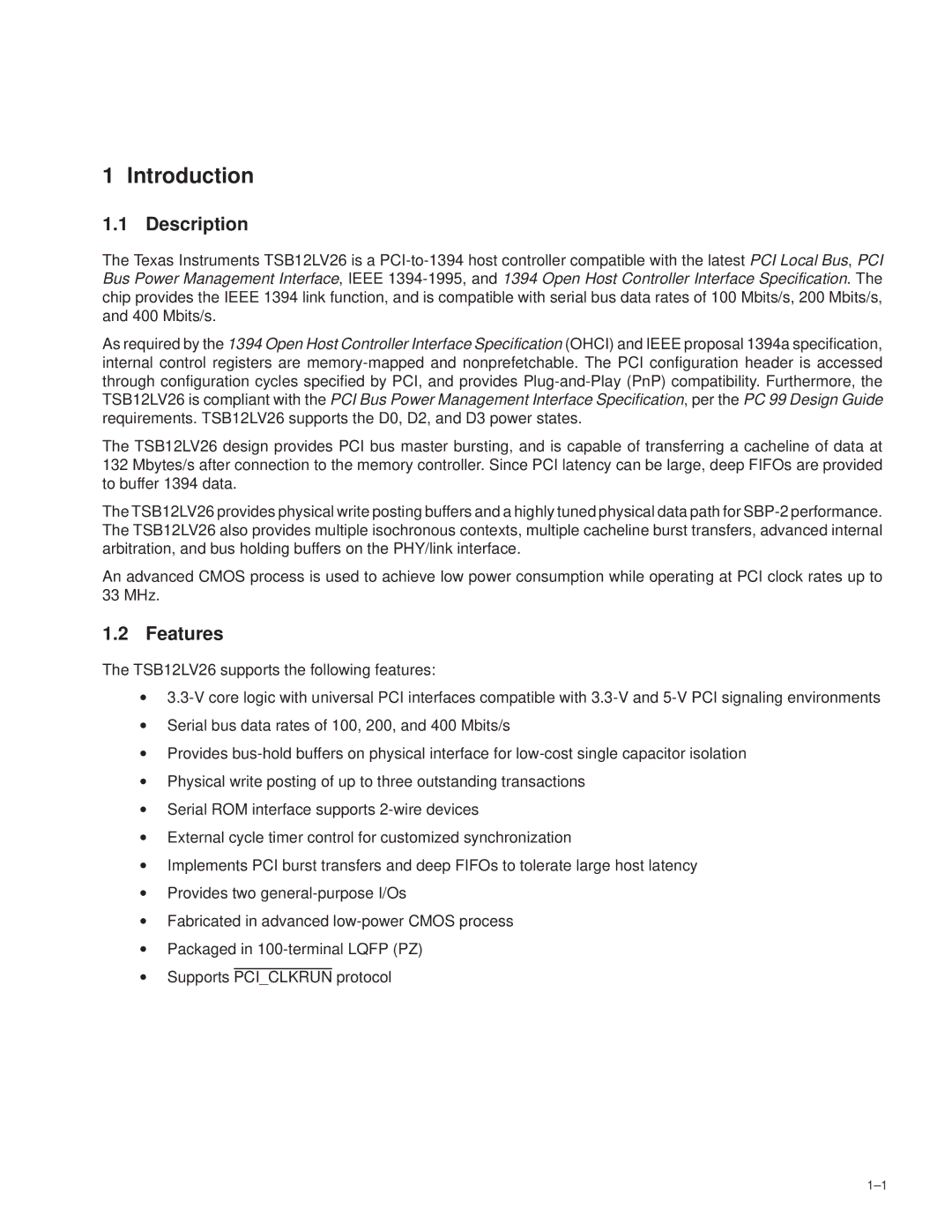 Texas Instruments TSB12LV26 manual Description, Features 