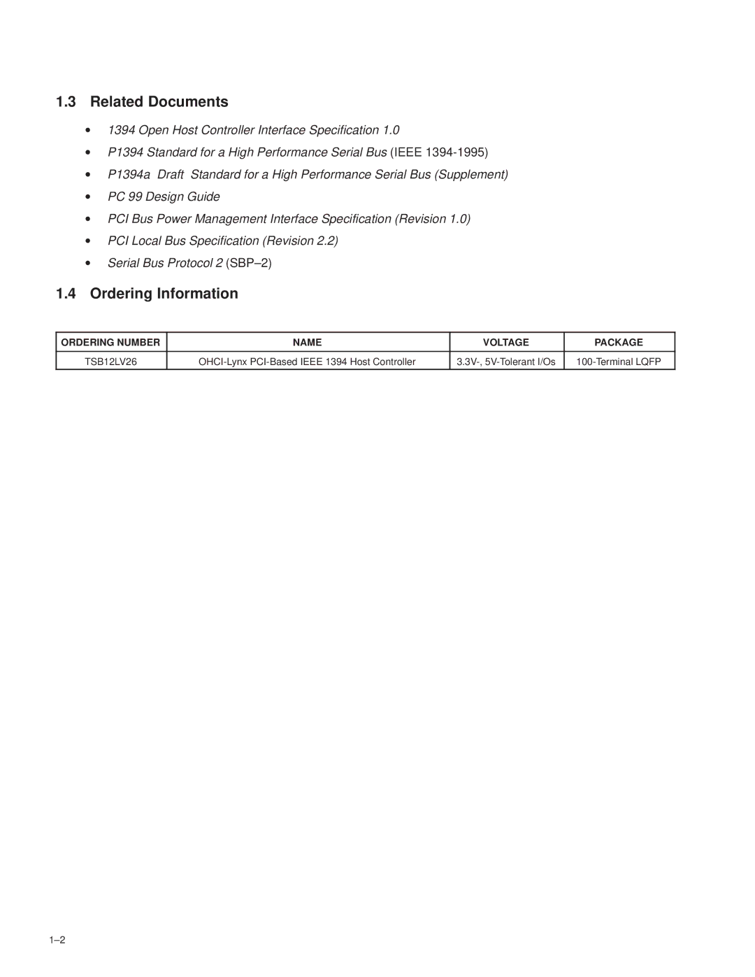 Texas Instruments TSB12LV26 Related Documents, Ordering Information, Ordering Number Name Voltage Package, Terminal Lqfp 