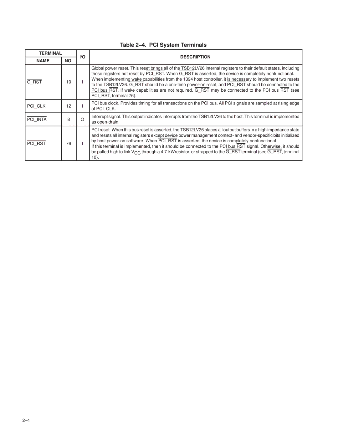 Texas Instruments TSB12LV26 manual ±4. PCI System Terminals, PCIRST, terminal, Pciclk, As open-drain 