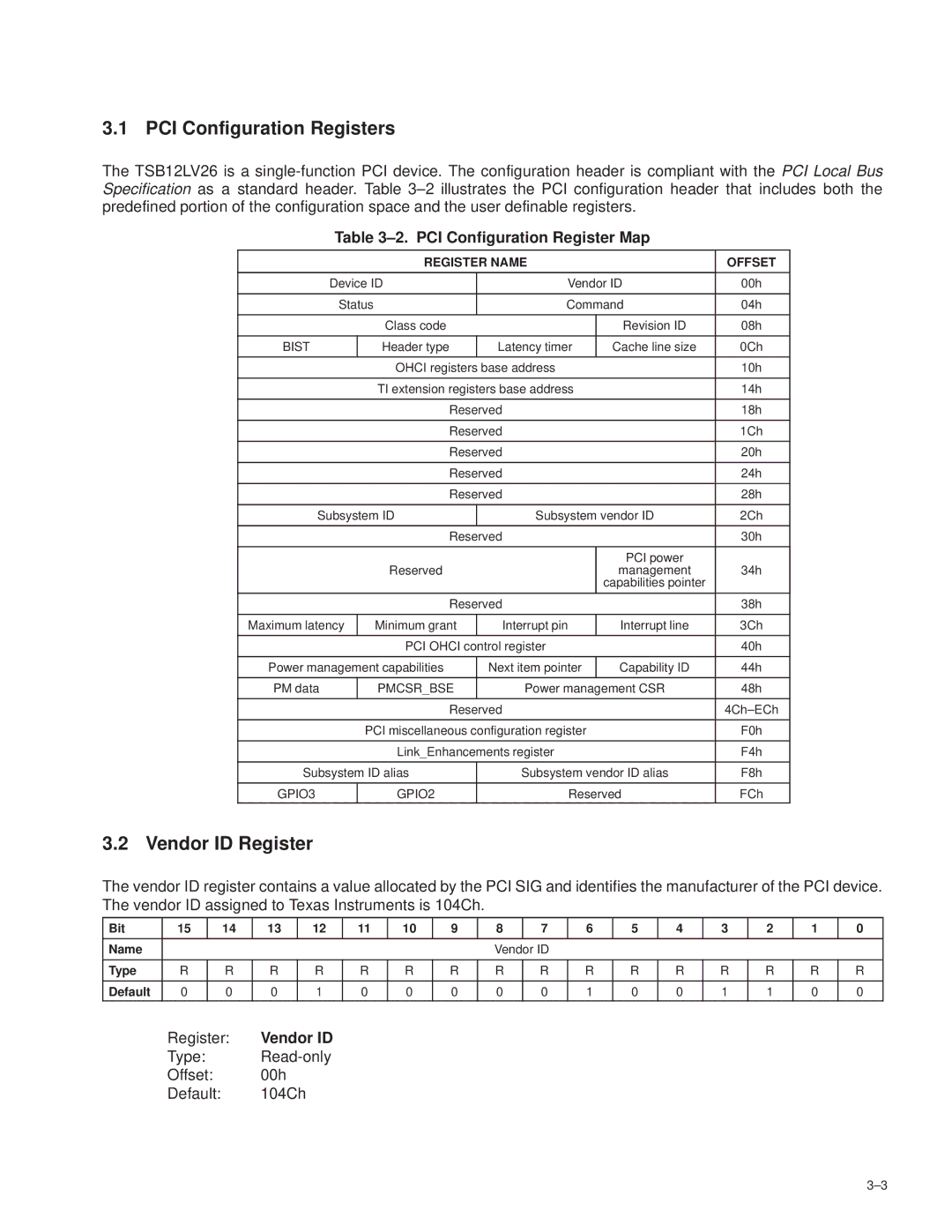 Texas Instruments TSB12LV26 manual PCI Configuration Registers, Vendor ID Register, ±2. PCI Configuration Register Map 