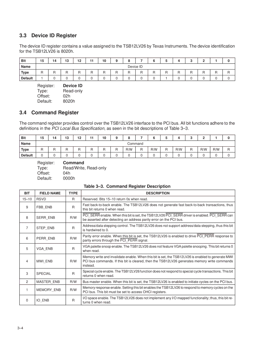 Texas Instruments TSB12LV26 Device ID Register, ±3. Command Register Description, BIT Field Name Type Description 