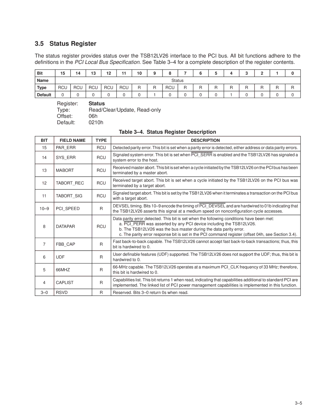 Texas Instruments TSB12LV26 manual ±4. Status Register Description 