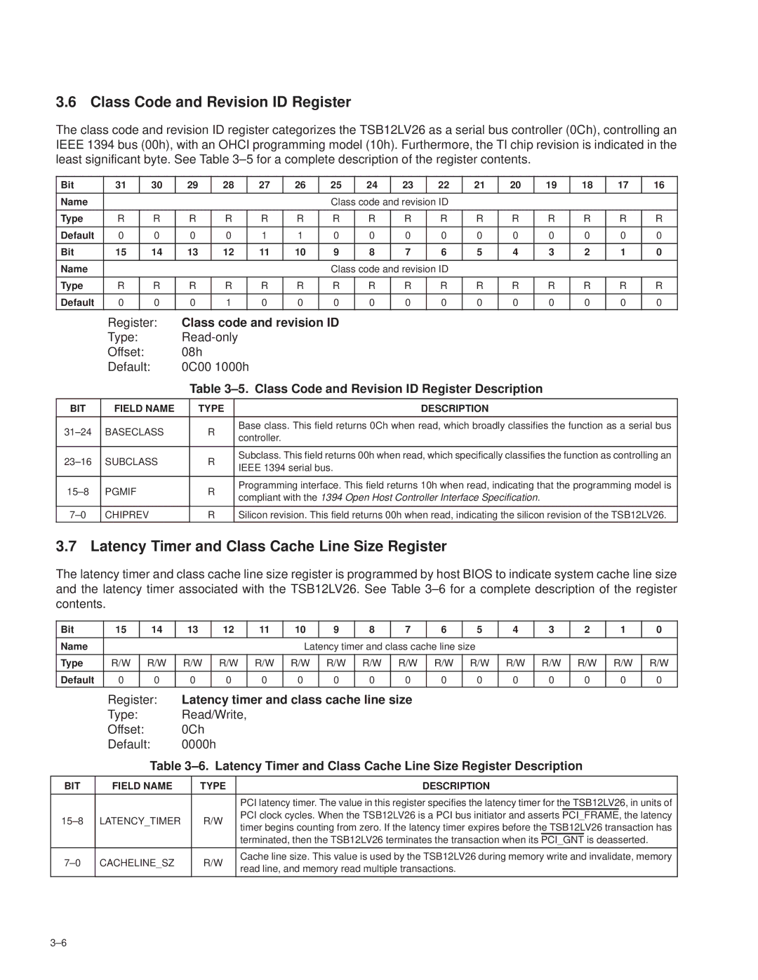 Texas Instruments TSB12LV26 manual Class Code and Revision ID Register, Latency Timer and Class Cache Line Size Register 