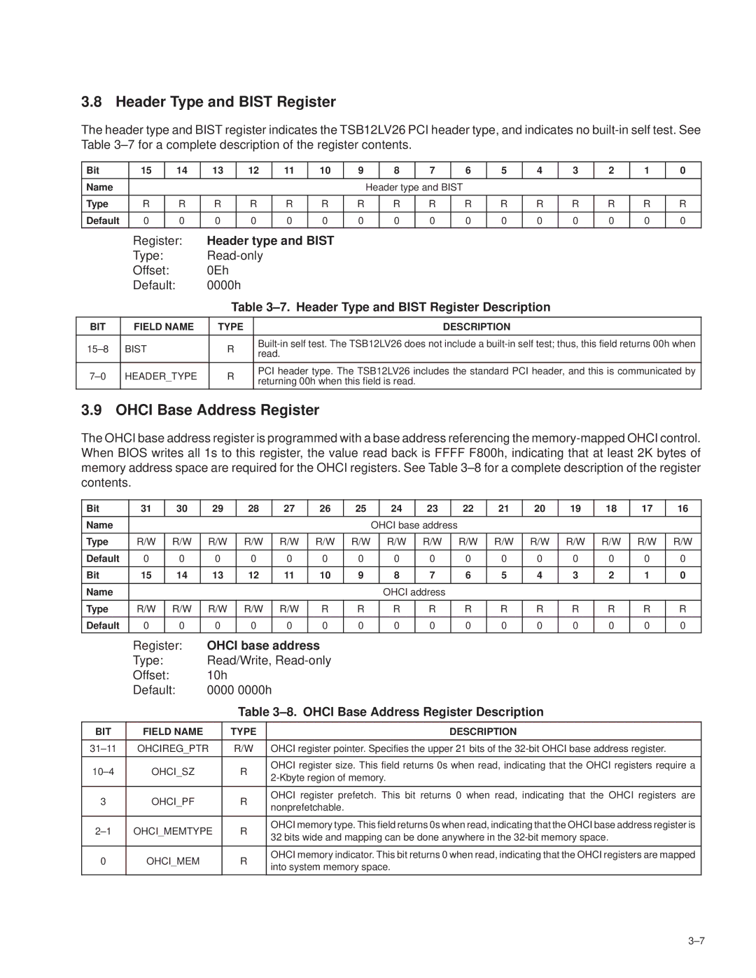 Texas Instruments TSB12LV26 manual Header Type and Bist Register, Ohci Base Address Register 