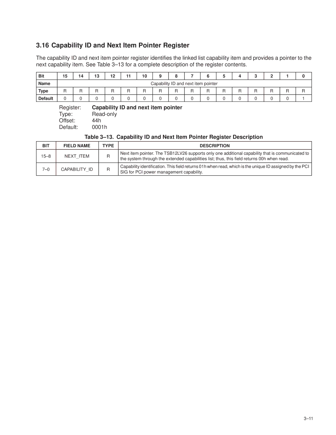 Texas Instruments TSB12LV26 Capability ID and Next Item Pointer Register, Register Capability ID and next item pointer 