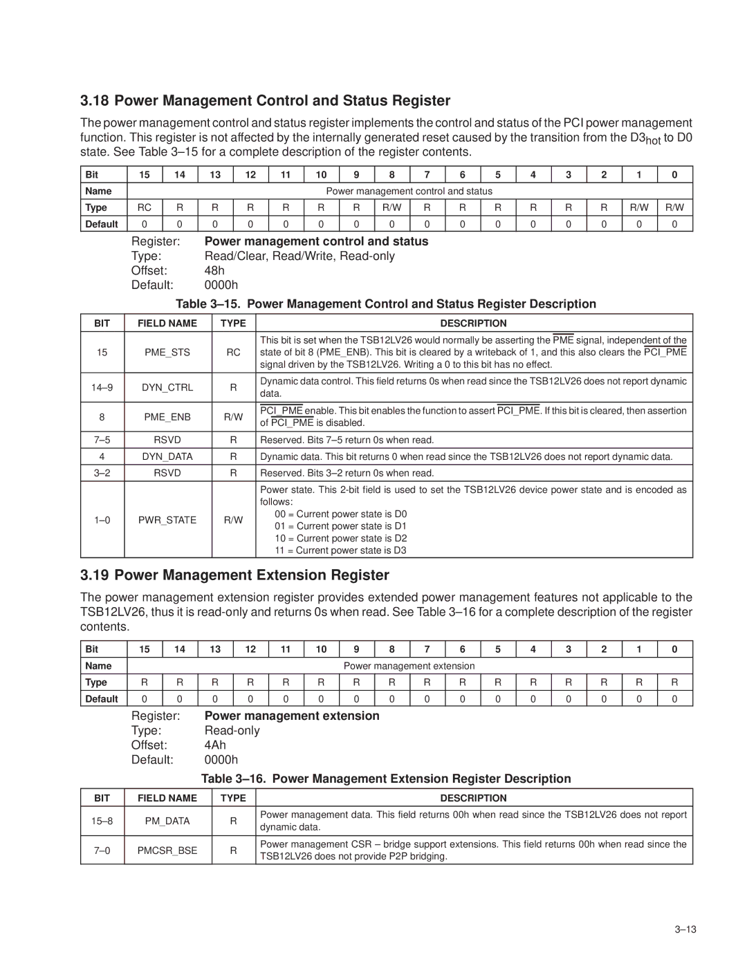 Texas Instruments TSB12LV26 manual Power Management Control and Status Register, Power Management Extension Register 