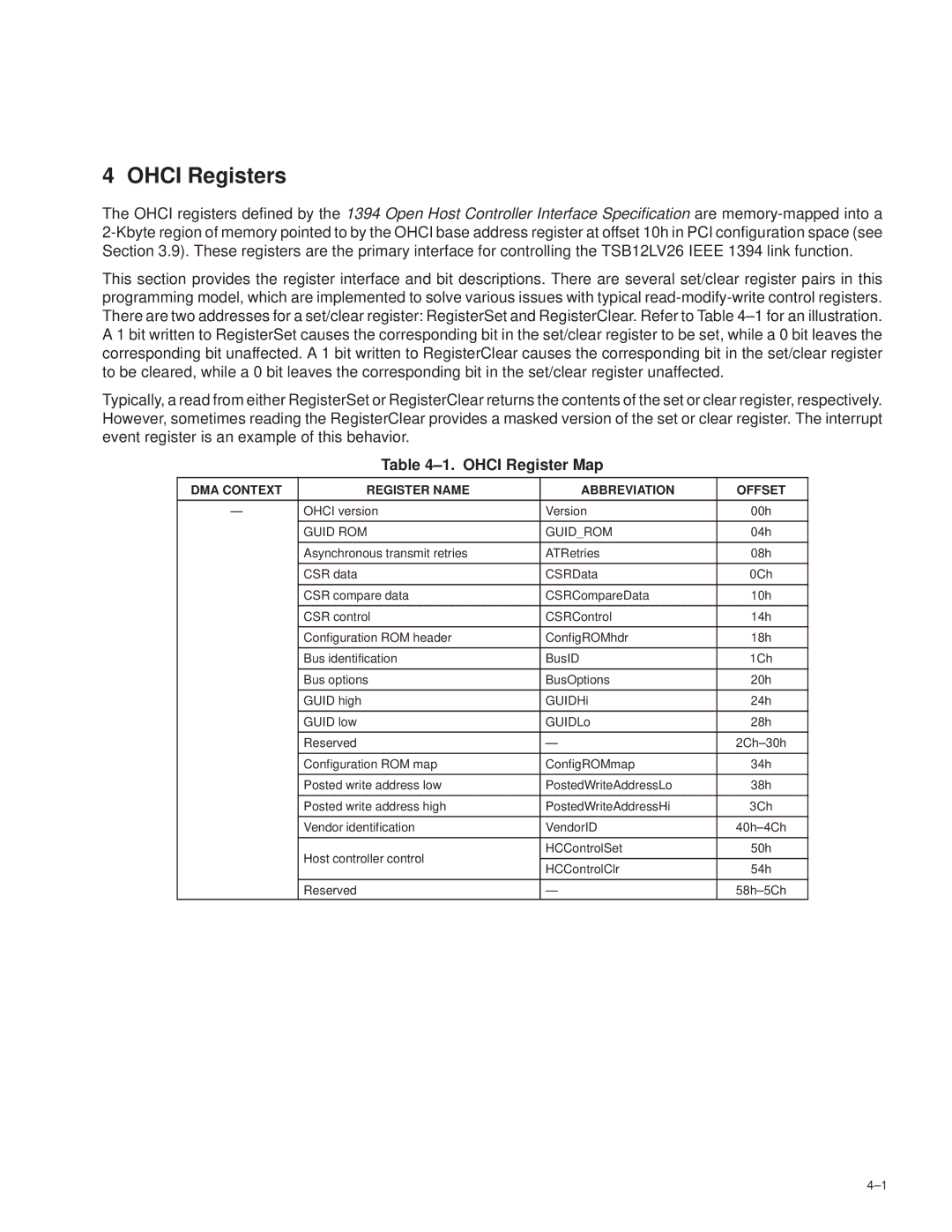 Texas Instruments TSB12LV26 manual ±1. Ohci Register Map, DMA Context Register Name Abbreviation Offset, Guid ROM Guidrom 