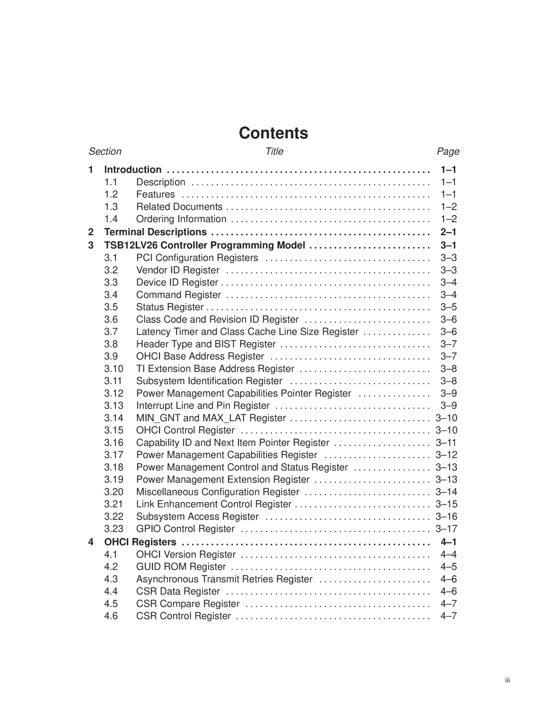 Texas Instruments TSB12LV26 manual Contents 