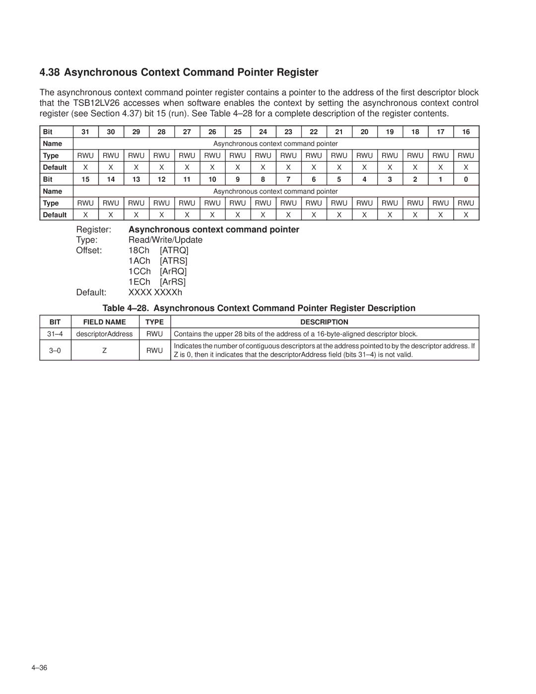 Texas Instruments TSB12LV26 manual Asynchronous Context Command Pointer Register, Asynchronous context command pointer 