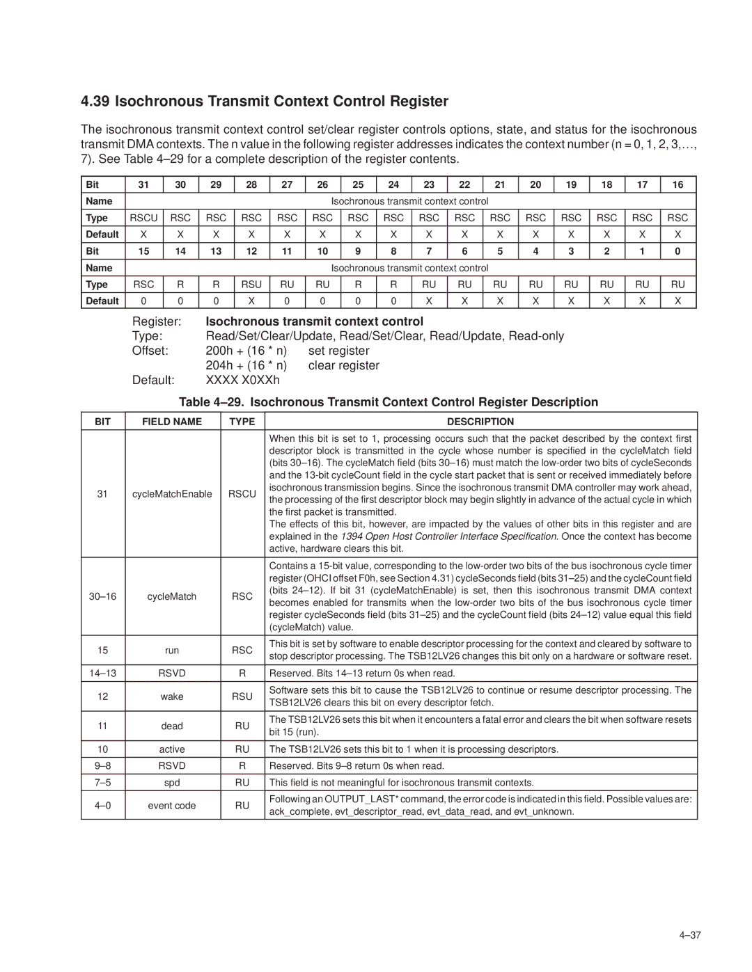 Texas Instruments TSB12LV26 Isochronous Transmit Context Control Register, Isochronous transmit context control, Rsc Rsu 