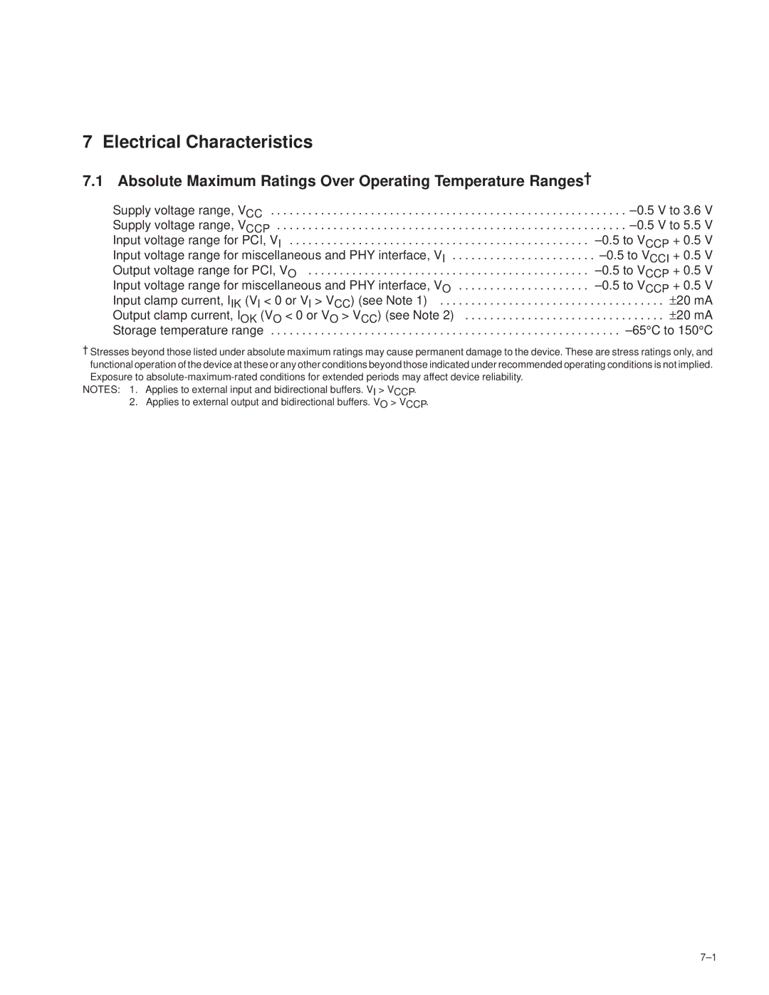 Texas Instruments TSB12LV26 manual Electrical Characteristics, Absolute Maximum Ratings Over Operating Temperature Ranges² 