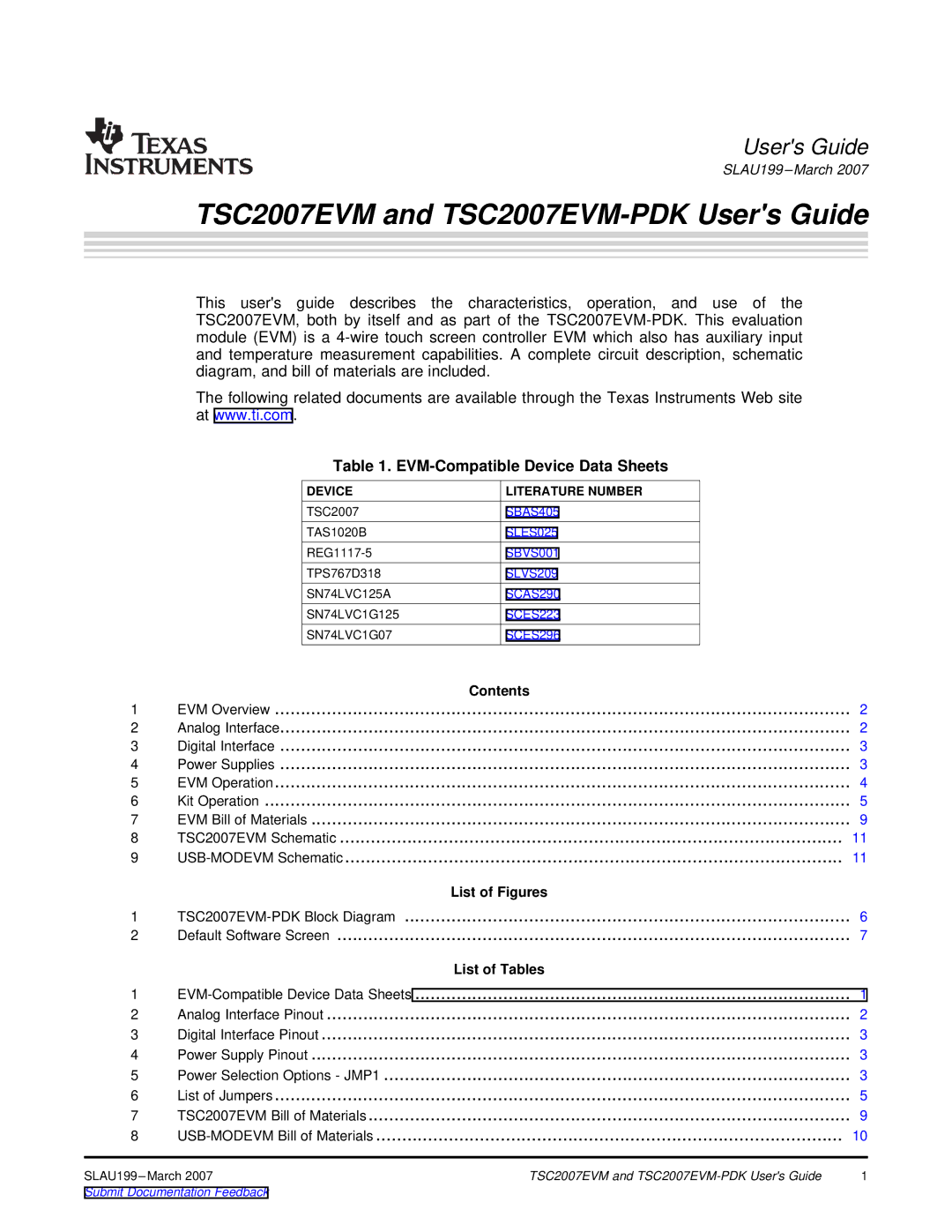 Texas Instruments TSC2007EVM-PDK manual EVM-Compatible Device Data Sheets, Device Literature Number, SN74LVC125A 