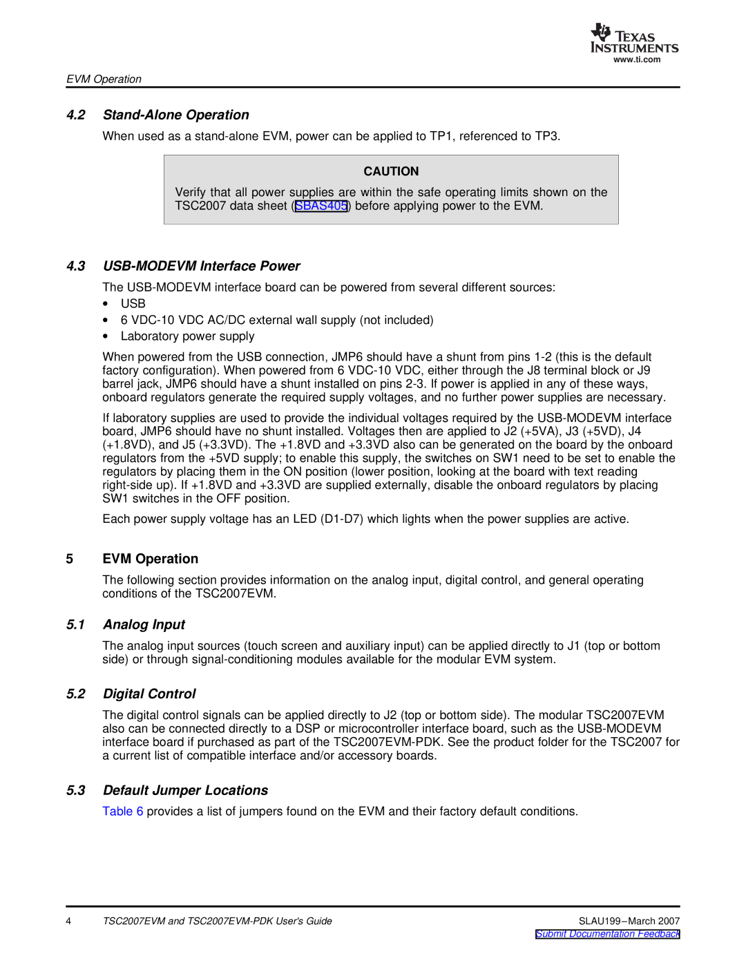 Texas Instruments TSC2007EVM manual Stand-Alone Operation, USB-MODEVM Interface Power, Analog Input, Digital Control 