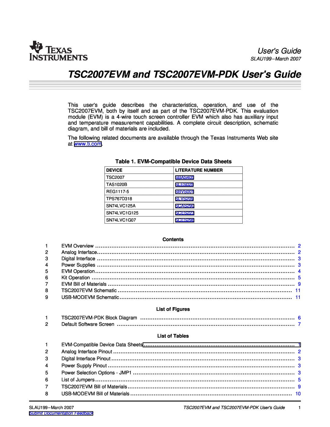 Texas Instruments manual TSC2007EVM and TSC2007EVM-PDK Users Guide 