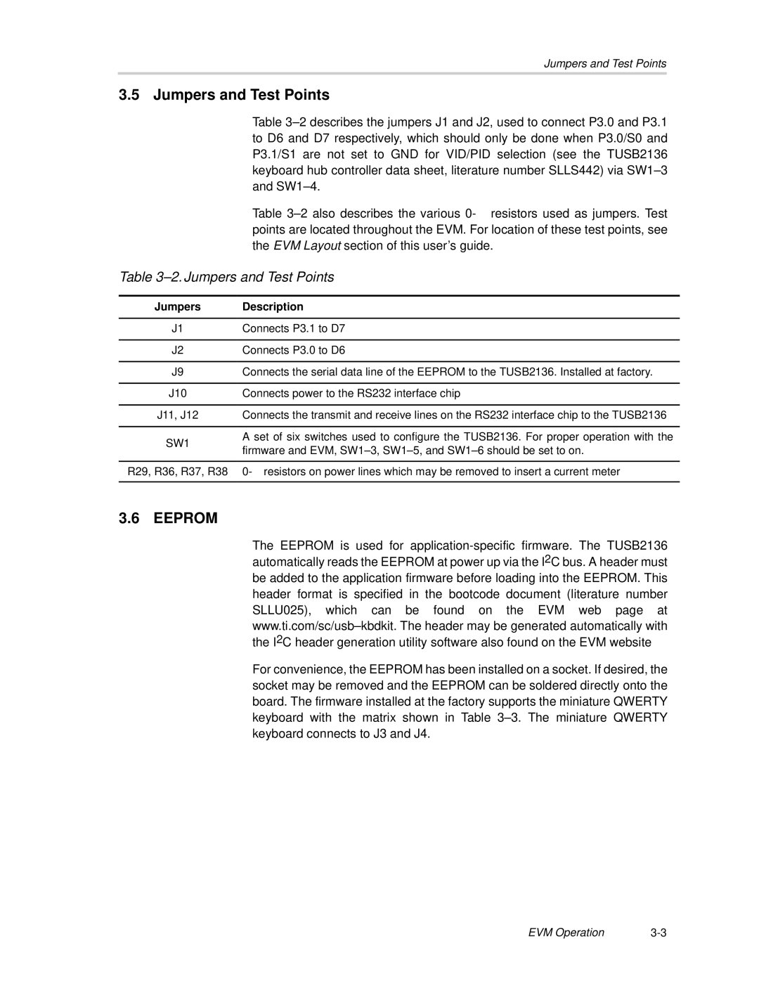 Texas Instruments TUSB2136 manual Jumpers and Test Points 