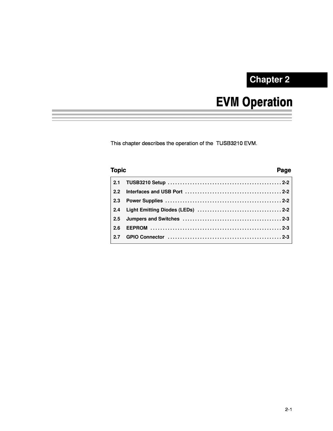Texas Instruments TUSB3210 manual EVM Operation, Page, Topic, Chapter Title-Attribute Reference 
