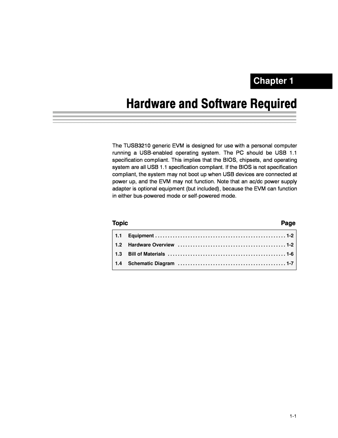 Texas Instruments TUSB3210 manual Hardware and Software Required, Chapter, Page, Topic 