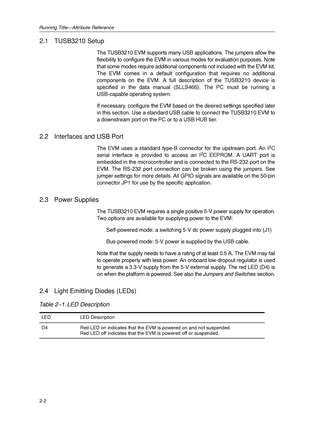 Texas Instruments manual TUSB3210 Setup, Interfaces and USB Port, Power Supplies, Light Emitting Diodes LEDs, Led 