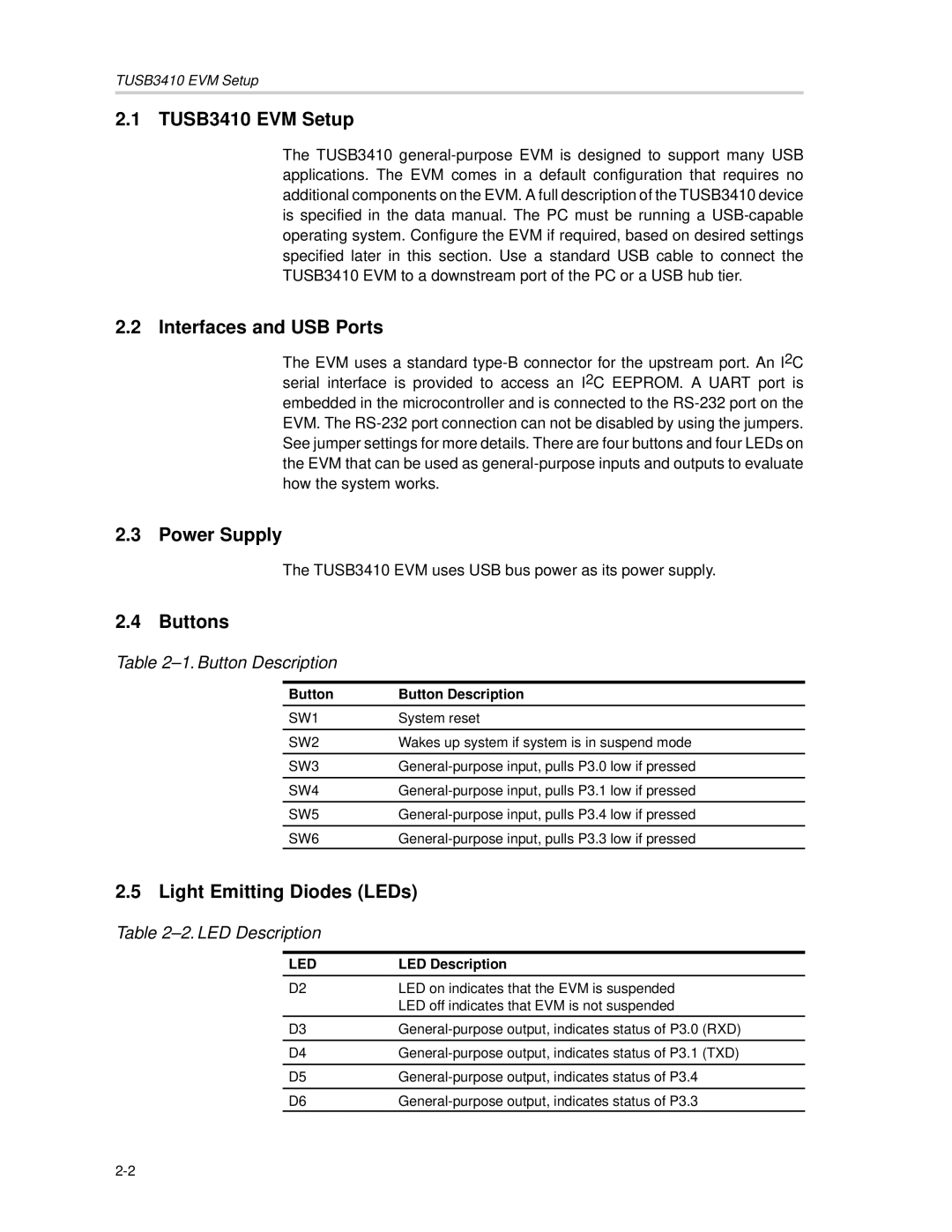 Texas Instruments manual TUSB3410 EVM Setup, Interfaces and USB Ports, Power Supply, Buttons, Light Emitting Diodes LEDs 