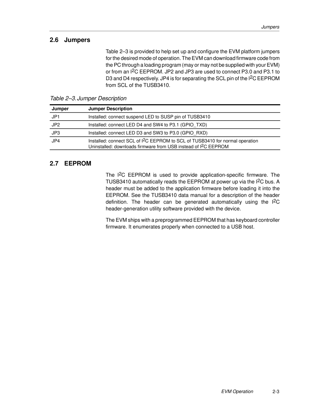 Texas Instruments TUSB3410 manual Jumpers, Jumper Description 