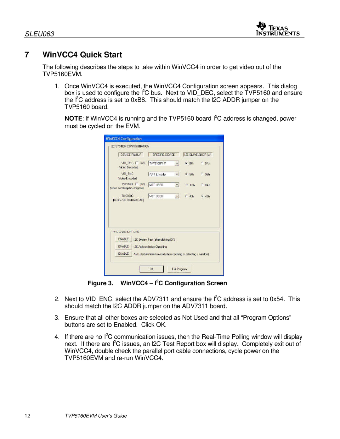 Texas Instruments TVP5146EVM quick start WinVCC4 Quick Start, WinVCC4 I2C Configuration Screen 