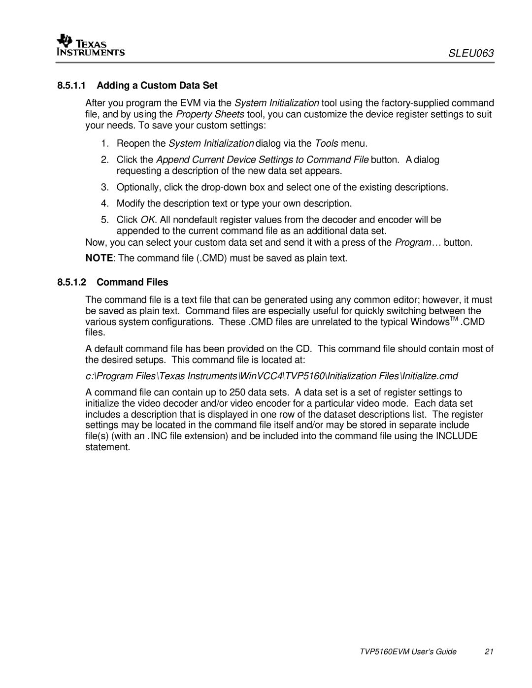 Texas Instruments TVP5146EVM quick start Adding a Custom Data Set, Command Files 