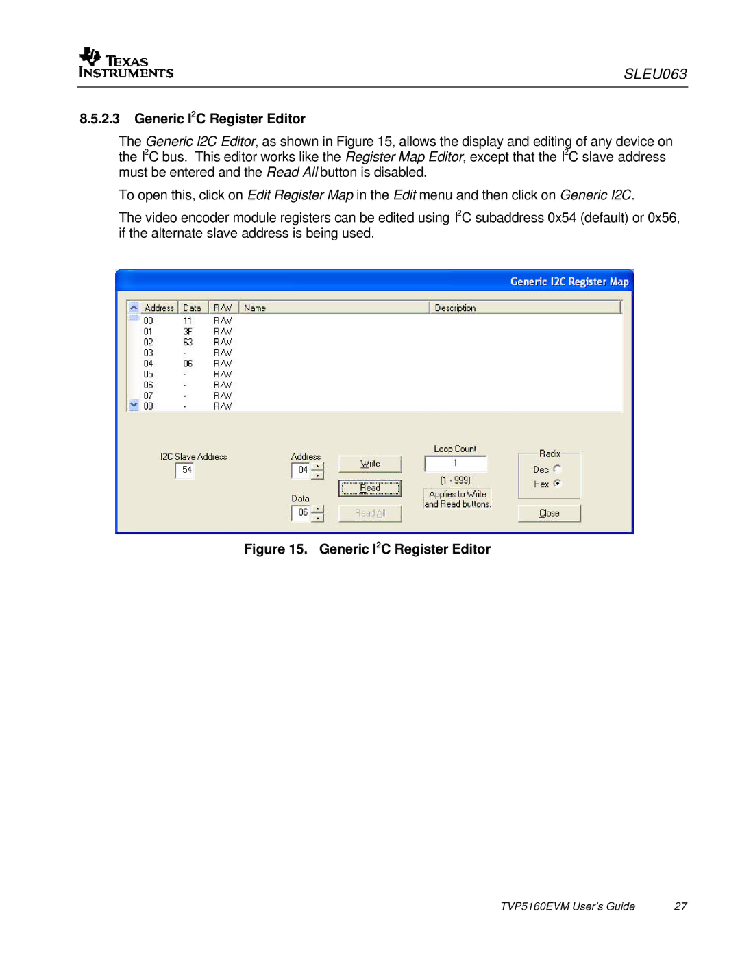 Texas Instruments TVP5146EVM quick start Generic I2C Register Editor 