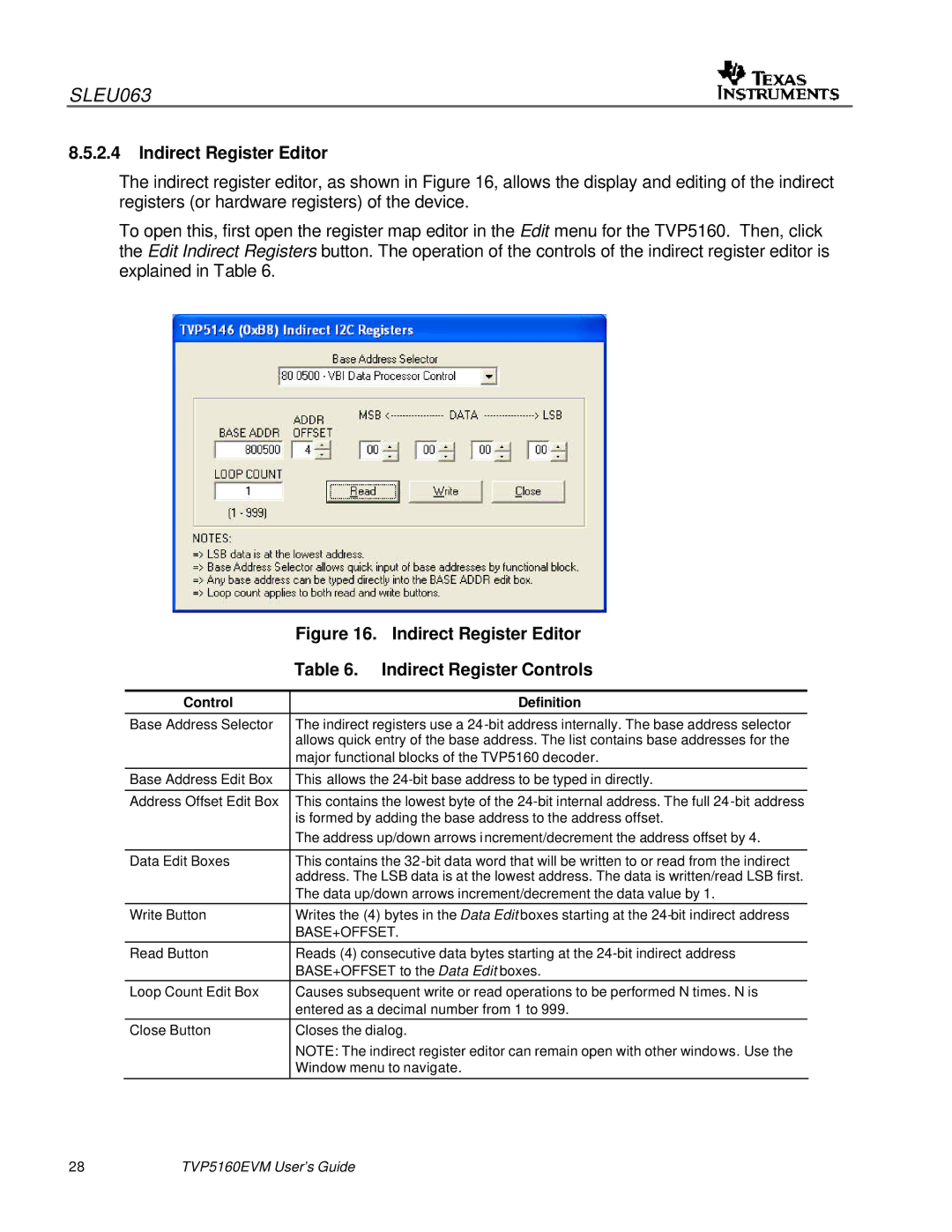 Texas Instruments TVP5146EVM quick start Indirect Register Editor, Base+Offset 