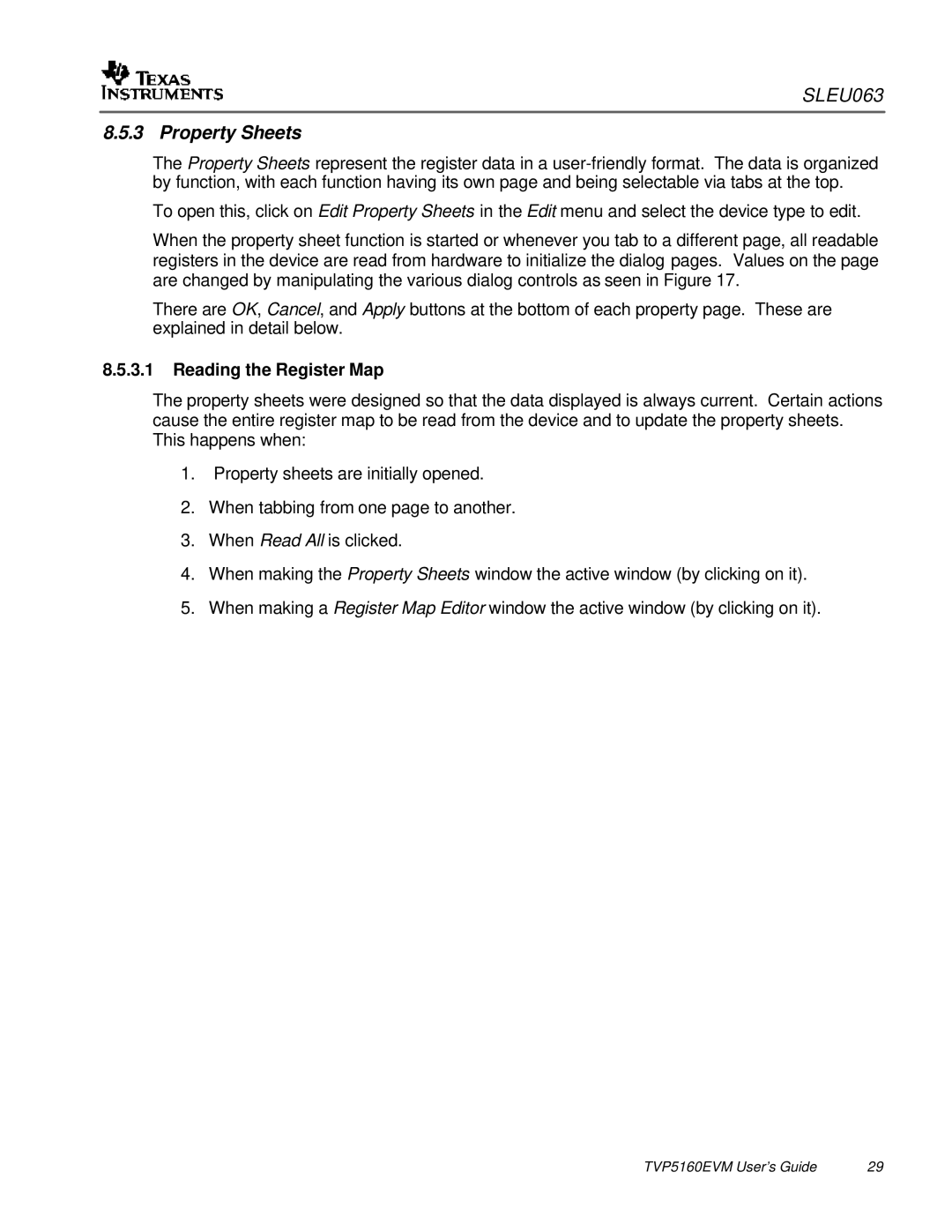 Texas Instruments TVP5146EVM quick start Property Sheets, Reading the Register Map 