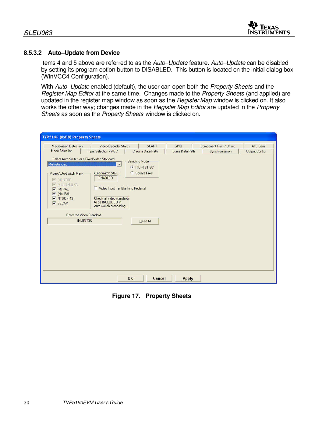 Texas Instruments TVP5146EVM quick start Auto-Update from Device, Property Sheets 