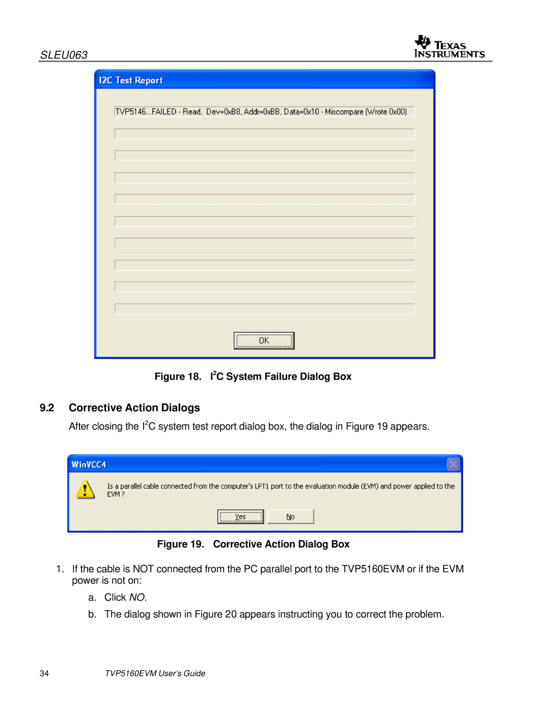 Texas Instruments TVP5146EVM quick start Corrective Action Dialogs, I2C System Failure Dialog Box 