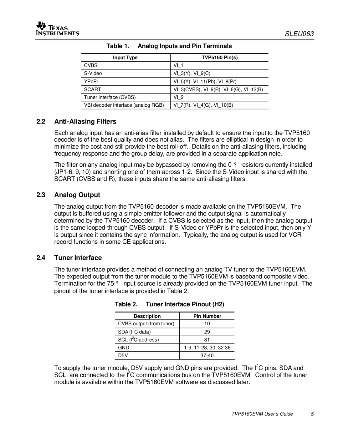 Texas Instruments TVP5146EVM Anti-Aliasing Filters, Analog Output, Tuner Interface, Analog Inputs and Pin Terminals 