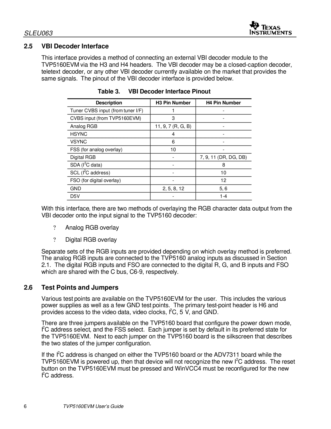 Texas Instruments TVP5146EVM quick start Test Points and Jumpers, VBI Decoder Interface Pinout 