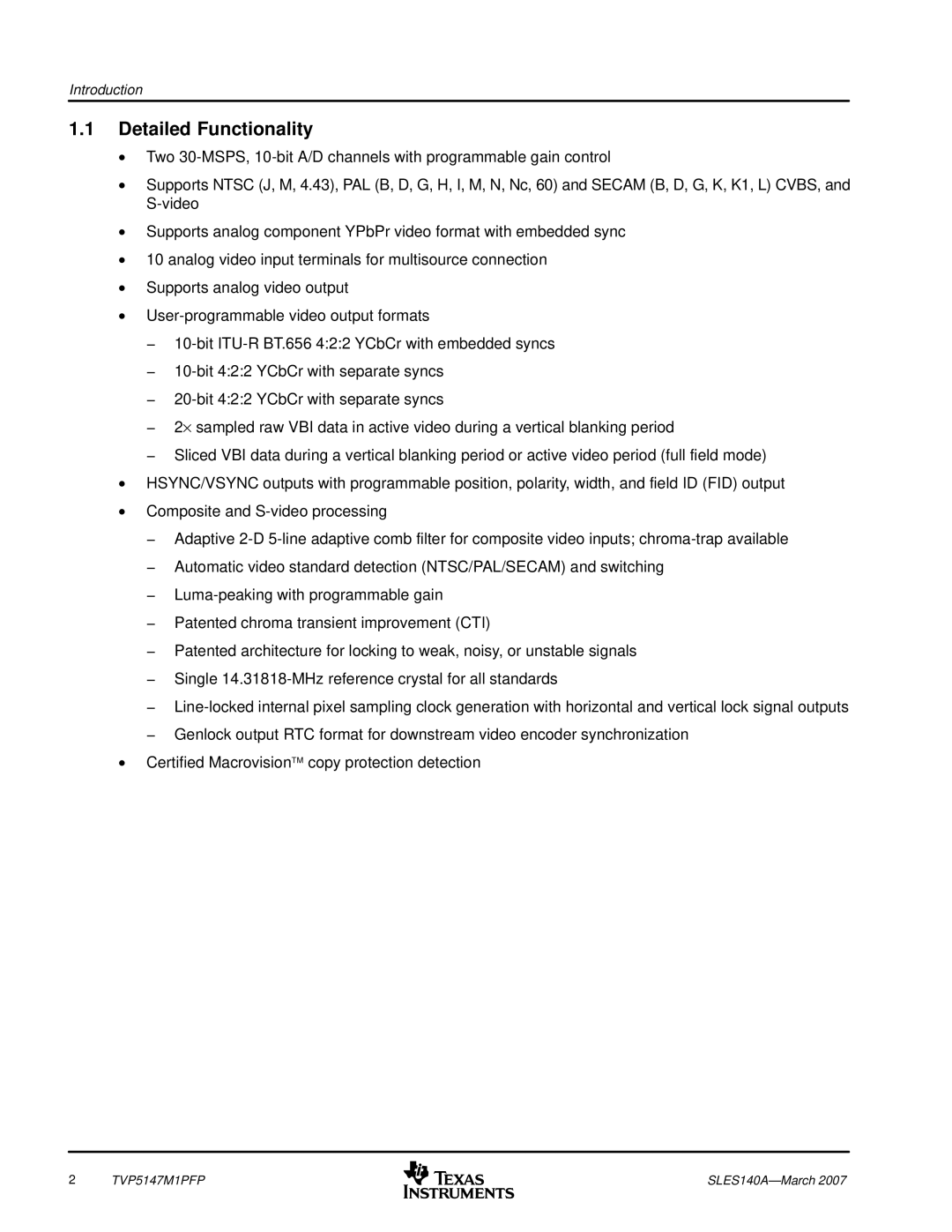 Texas Instruments TVP5147M1PFP manual Detailed Functionality 