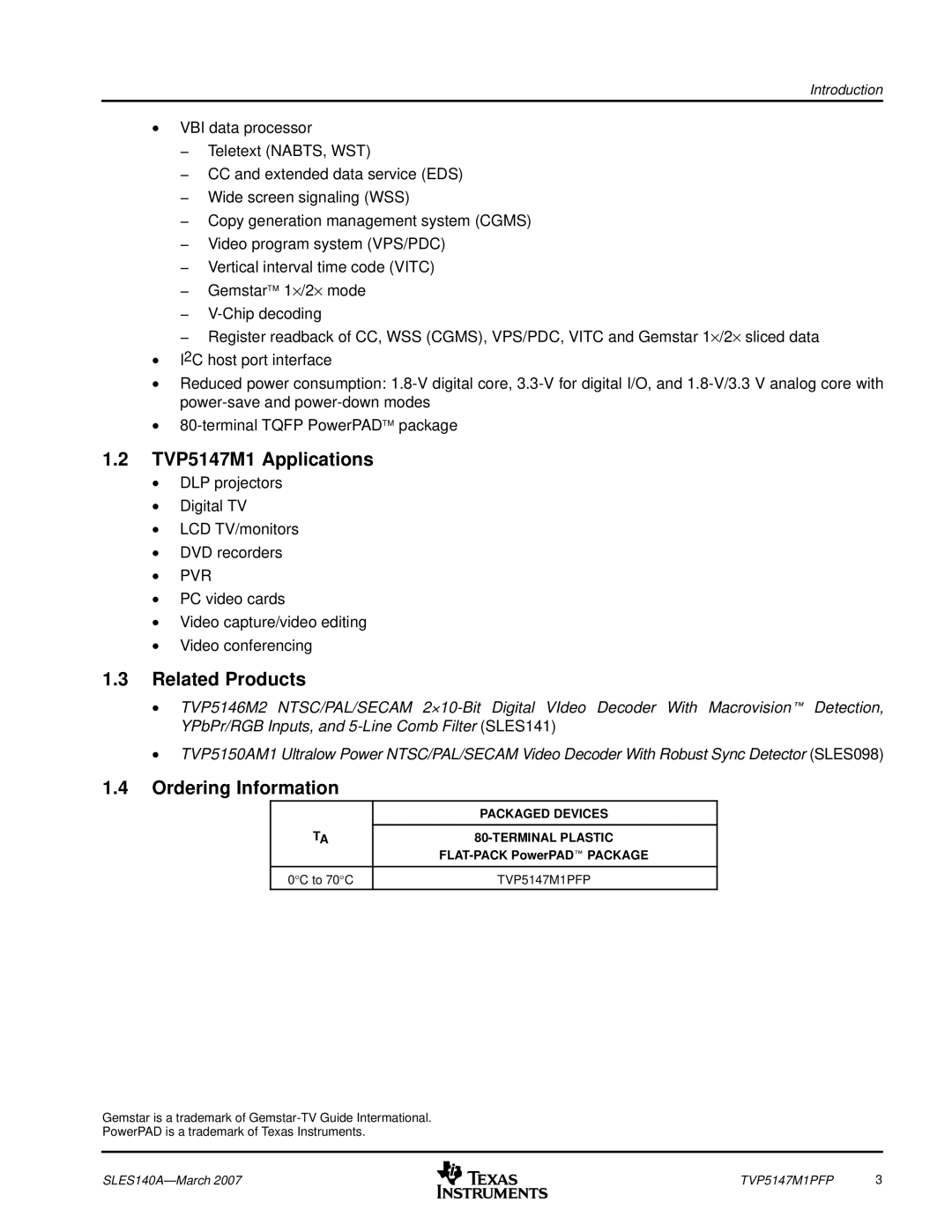 Texas Instruments TVP5147M1PFP manual TVP5147M1 Applications, Related Products, Ordering Information, Packaged Devices 