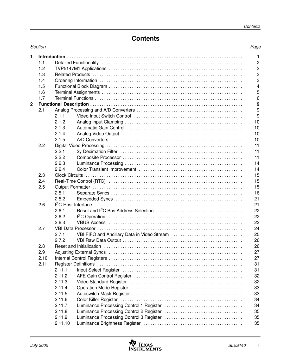 Texas Instruments TVP5147M1PFP manual Contents 