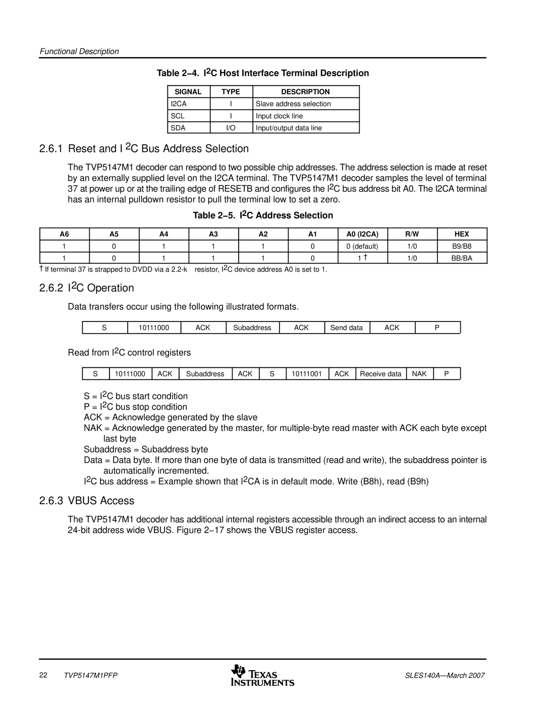 Texas Instruments TVP5147M1PFP manual Reset and I2C Bus Address Selection, 2 I2C Operation, Vbus Access 