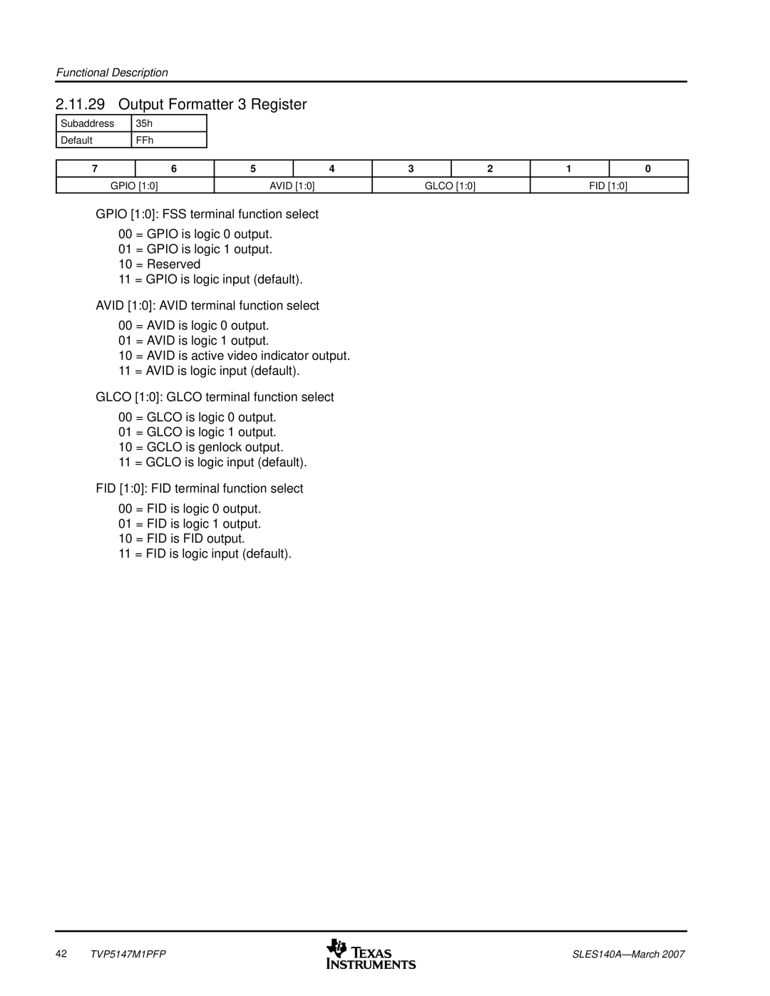 Texas Instruments TVP5147M1PFP manual Output Formatter 3 Register 