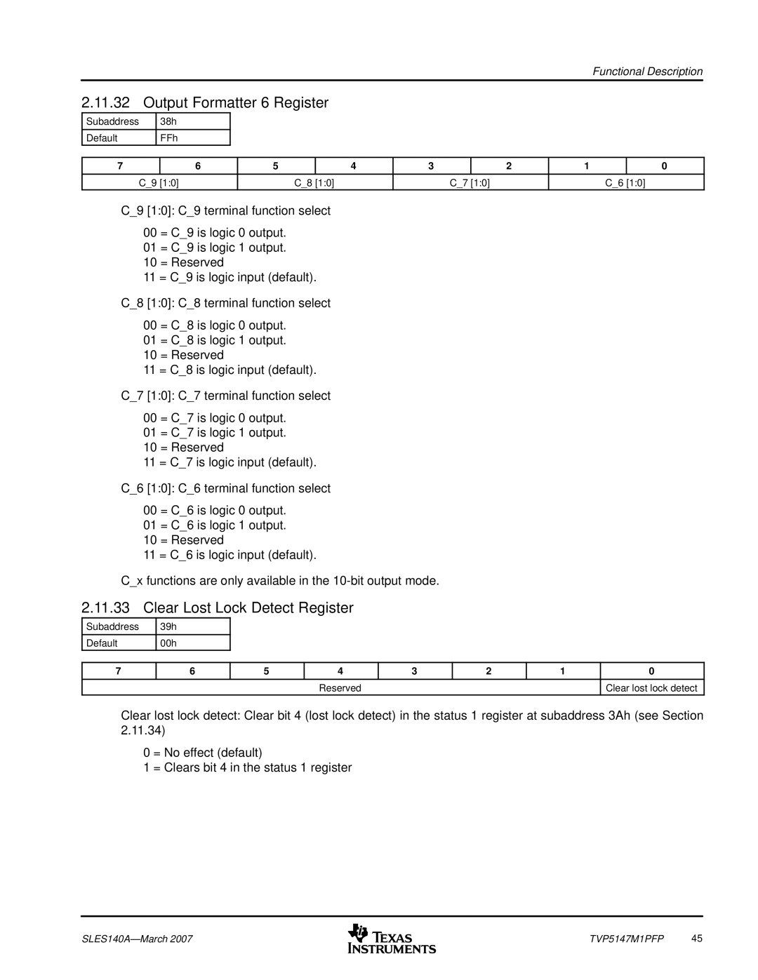 Texas Instruments TVP5147M1PFP Output Formatter 6 Register, Clear Lost Lock Detect Register, Subaddress 39h Default 00h 